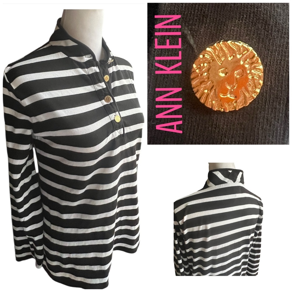 ANN KLEIN SPORT Black White Stripe Lg Sleeve Mock collar Top Gold Tone buttons S